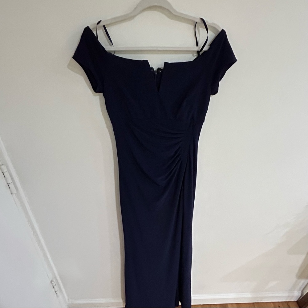 Xscape Navy Off-Shoulder Midi Dress